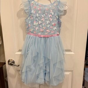 Jona Michelle Light Blue Butterfly Appliqué Tulle Dress with Pink Waistband